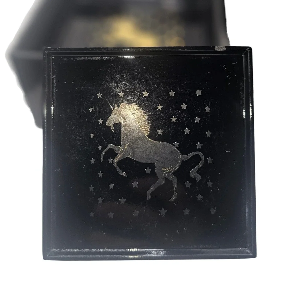 VTG Otagirl Black Gold Unicorn Coaster Set with Holder Stars Celestial 5 Piece
